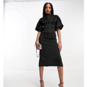ASOS Black Puff Sleeve Midi Dress STRECHT